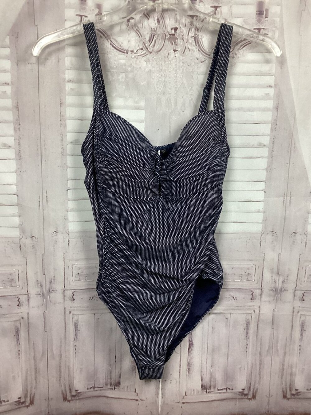 Nip Tuck Swim One Piece Swimsuit Navy Blue Polka Dot Ruched Multi Fit Cup 12